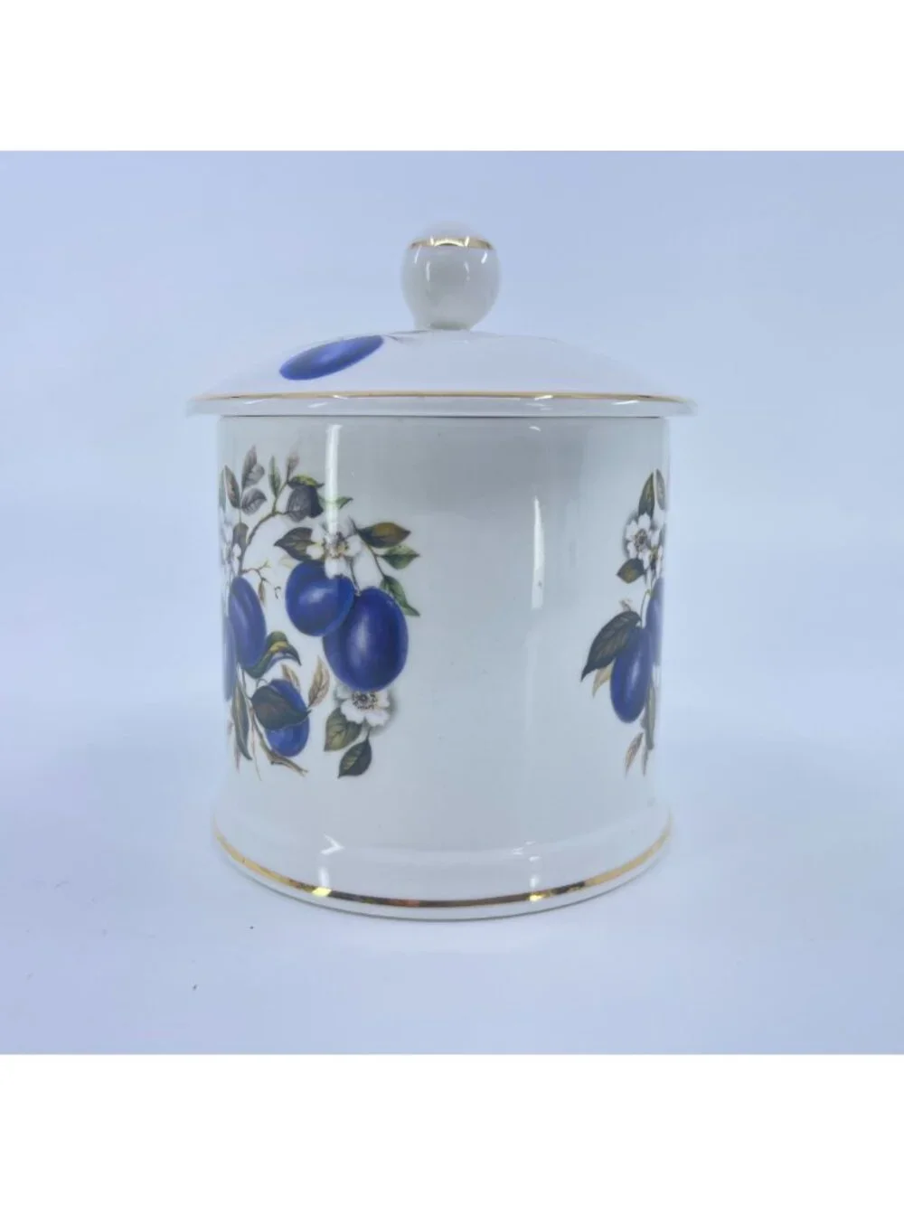 vintage fortnum & mason jam jar fine bone china blue plum motif gold trim